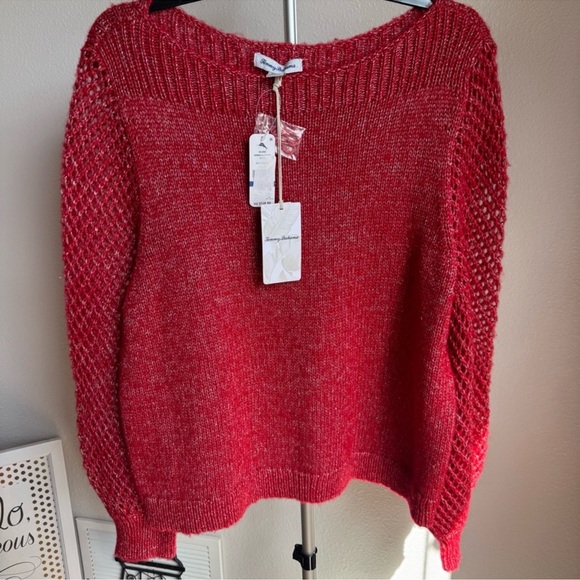 NWT Tommy Bahama Shimmer Balloon Sleeve Bateau Sweater Tango Red Metallic Wool - Picture 6 of 10